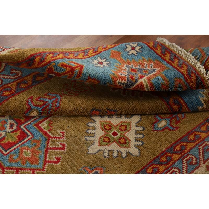 Kazak Accent Rug Handmade Yellow Geometric Wool Carpet - 3'4" x 4'10"