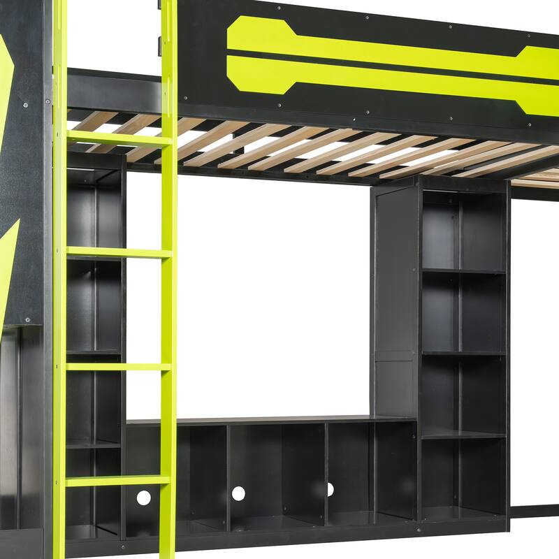 L-shaped Bunk Bed Twin Size Gaming Loft Bed with Desks, TV Stand, Shelves, Light Strip, Charging Station and Reversible Layout