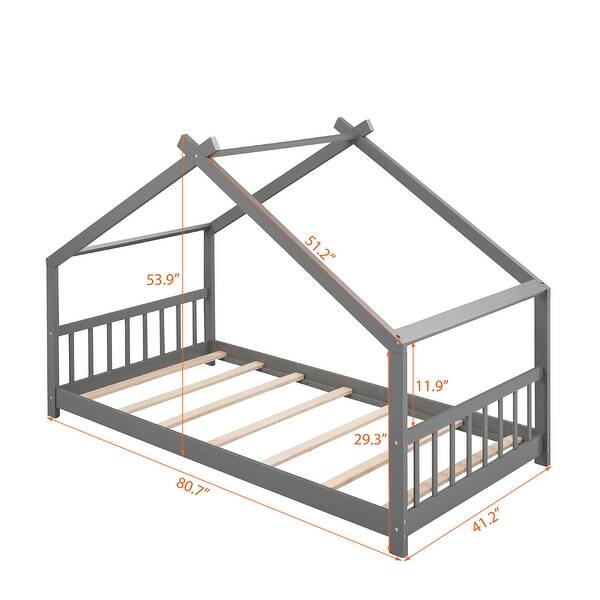 dimension image slide 2 of 5, Roomfitters Twin Size House Bed with Wooden Frame, Modern Loft Design, Grey