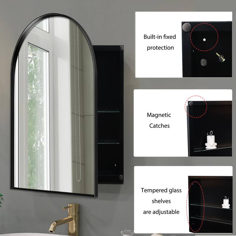 24x36 Inch Arched Bathroom Medicine Cabinet with Mirror, Metal Framed Recessed Wall Cabinet with Mirror