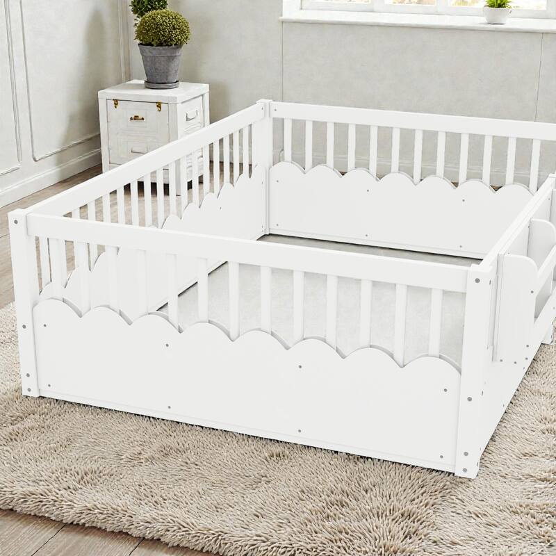 Twin Floor Bed with Heightened Fence and Bookshelf, Wooden Montessori Floor Bed for Kids, Low Profile Design