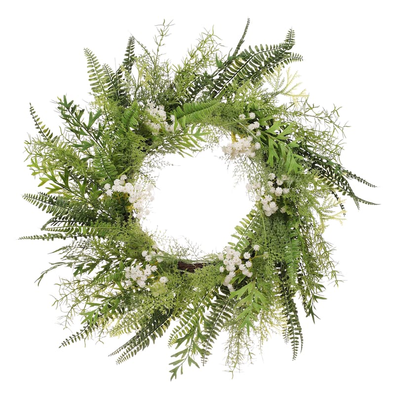 24" Artificial Babysbreath Floral Spring Wreath With Green Leaves