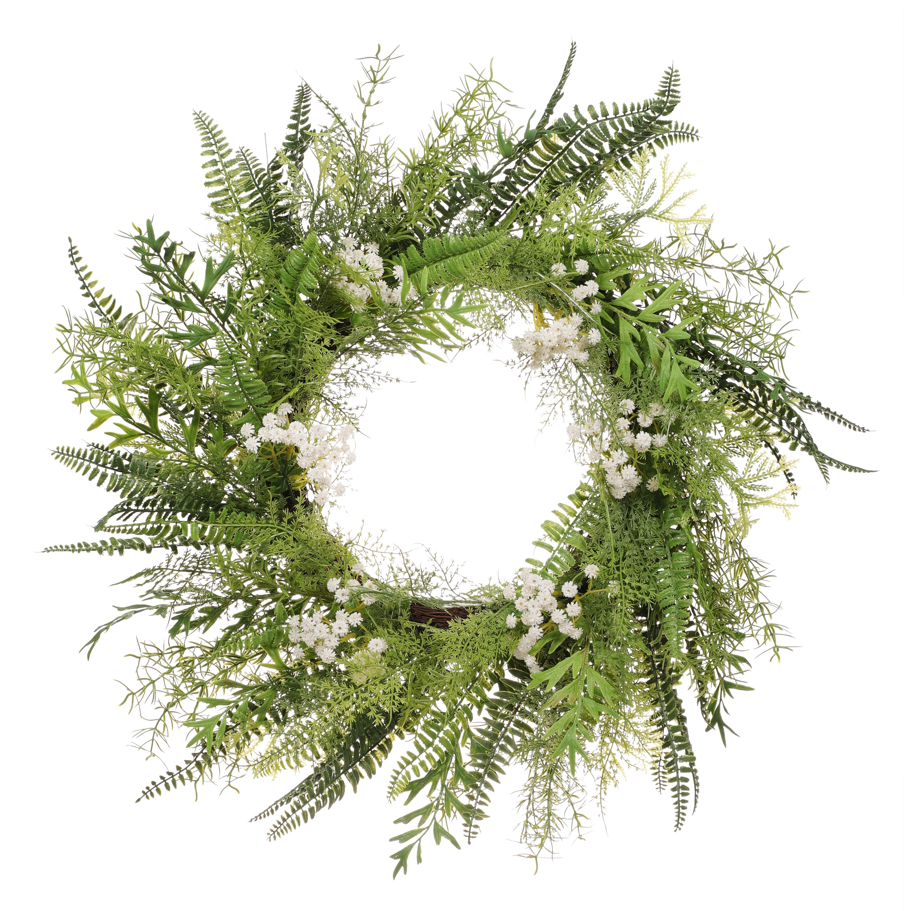 24" Artificial Babysbreath Floral Spring Wreath With Green Leaves