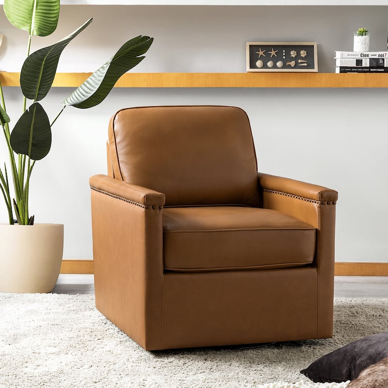 Rita Classic Genuine Leather Swivel Armchair With Nailhead Trims By HULALA HOME - Camel