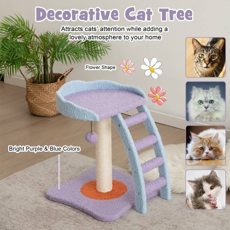 19 Inch Plush Cat Tree with Ladder and Jingling Ball-Purple