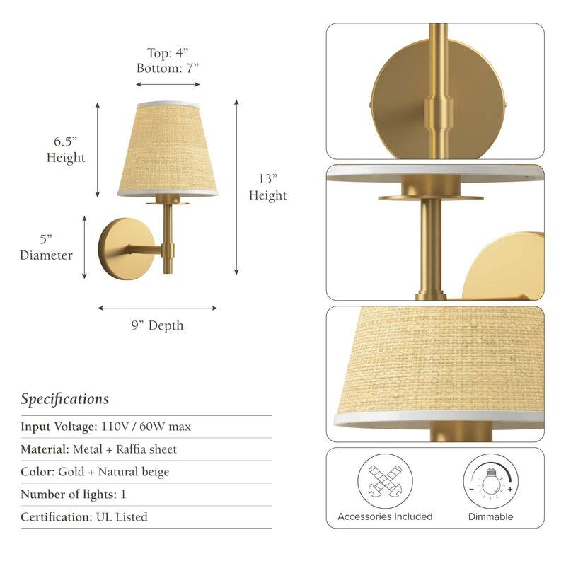 Rowabi Elan Cone Arm Sconce - Metal, Raffia & Natural Beige, Gold Wall Sconce for Bedroom, Hallway in Modern, Mid-Century Style