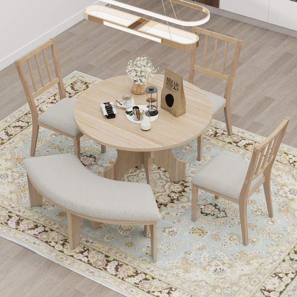 5 Piece Round Dining Table Set Wood Kitchen Dining Set for 4 5 People 44 Round Table with Curved Bench 3 Side Chairs Bed Bath Beyond 39303034