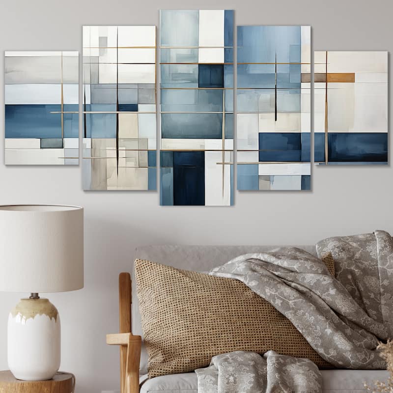 Designart "Blue Grey Line Art Abstract Geometrics I" Modern Multipanel Canvas Art Print set - 60 In. Wide X 32 In. High - 5 Panels Diamond Shape