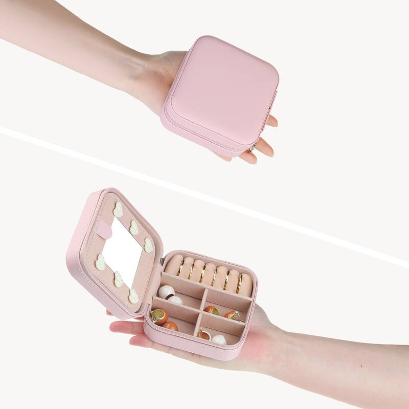 Travel Size Jewelry Box, Small Portable Jewelry Case with Mirror, 2 Layer PU Leather Mini Jewelry Organizer - 10x10x5cm