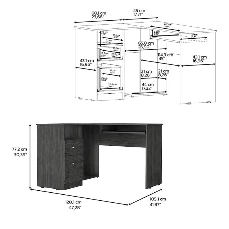 Modern L-Shaped Desk with Retractable Keyboard Tray, Sleek Metal Handles, and Sturdy Particle Board Design for Office Use