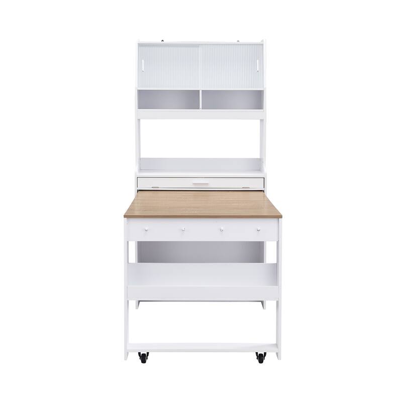 Compact Dining Table with Hutch and Foldable Buffet, Storage Shelf & Side Hooks