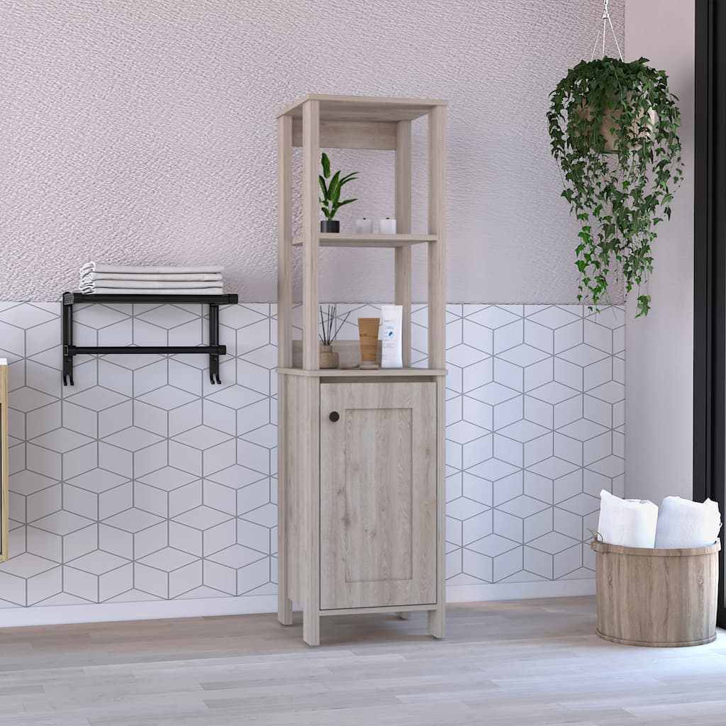 Linen Bathroom Storage Cabinet, Engineered Wood Bathroom Organizer, Freestanding Cabinet with 2 Open & 2 Interior Shelves
