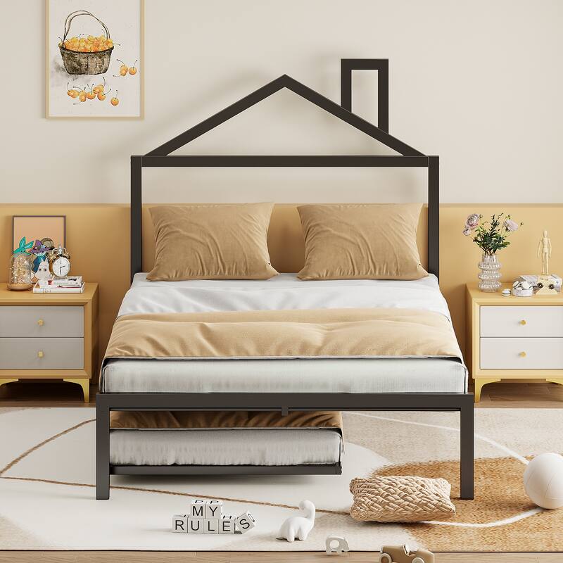 Metal Platform Bed with Twin Size Trundle,House-Shaped Headboard