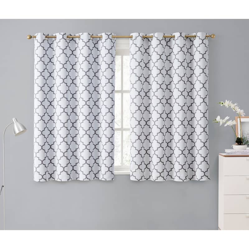 HLC.me Lattice Geometric Blackout Thermal Privacy Room Darkening Grommet Window Drapes Curtain Panels - Set of 2 - 52 W x 54 L per panel - Pair - Platinum White & Grey