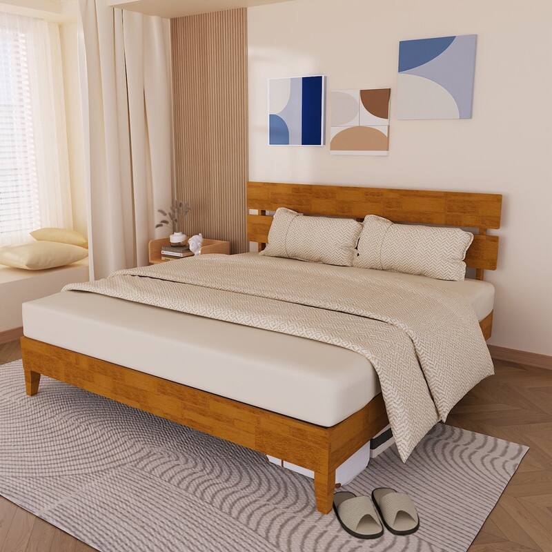 Solid Wood Modern Platform Bed Frame with Headboard