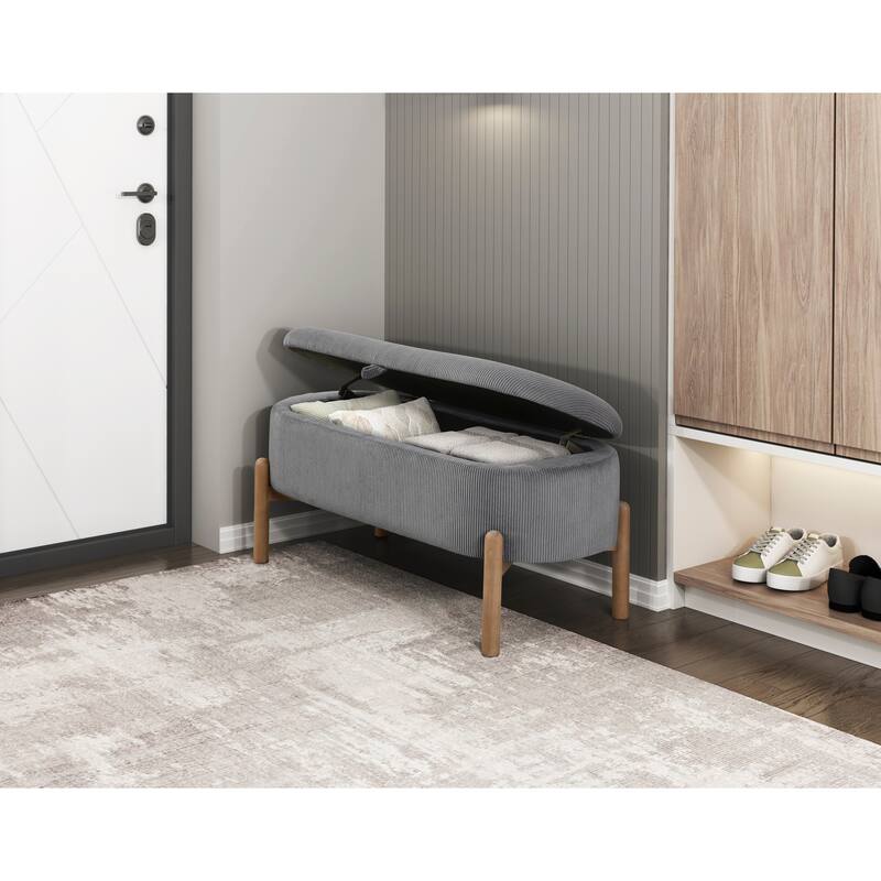 Storage Bench Gray Cushioned Seat Corduroy Upholstery Lift Top Solid Wood Legs 1pc
