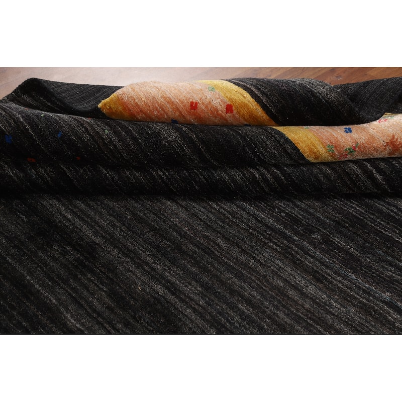 Striped Black Gabbeh Oriental Area Rug Hand-Knotted Silk Carpet - 8'2" x 9'8"