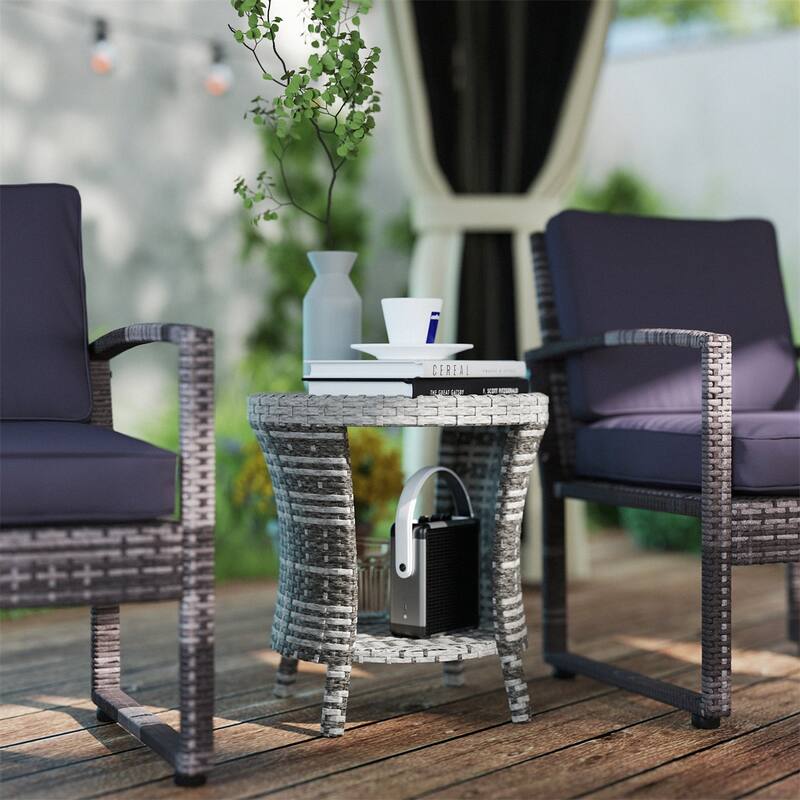 Steel PE Rattan WPC 2-Tier Hourglass Outdoor Side Table - 18.1" Dia. x 19.7" H