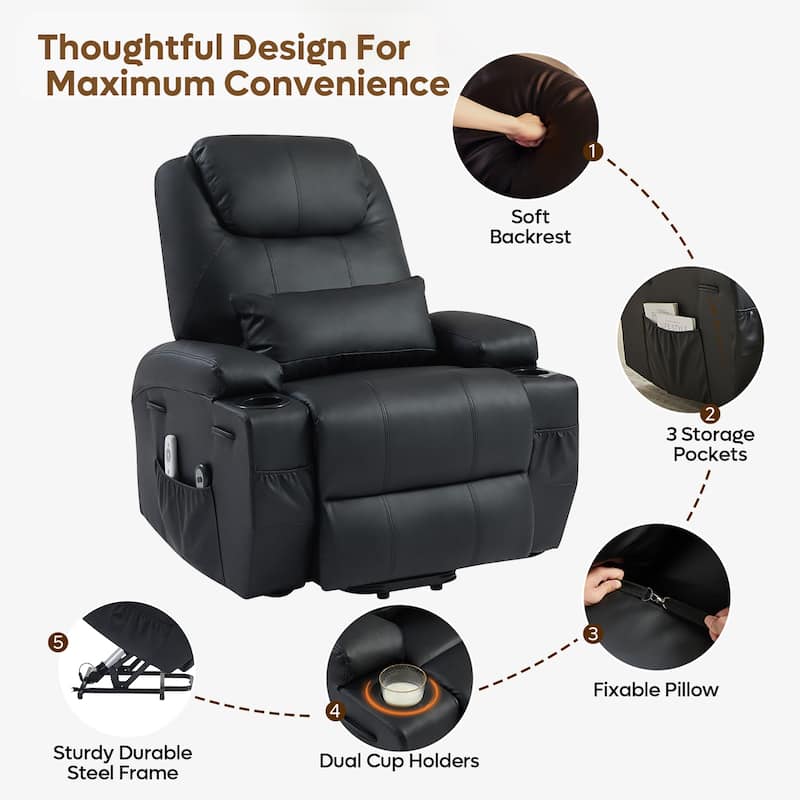 Bestier 34.6" Electric Power Lift Asist Recliner Chair with Massage and Heat,Fax Leather Reclining Chair with Side Pockets