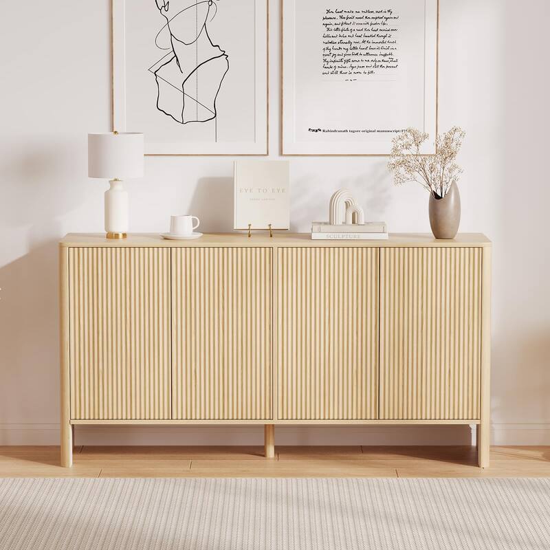 Buffet Cabinet with Storage, 58" Fluted Sideboard Cabinets with 4 Doors & Adjustable Shelves, Wood Buffet Table Natural - natural