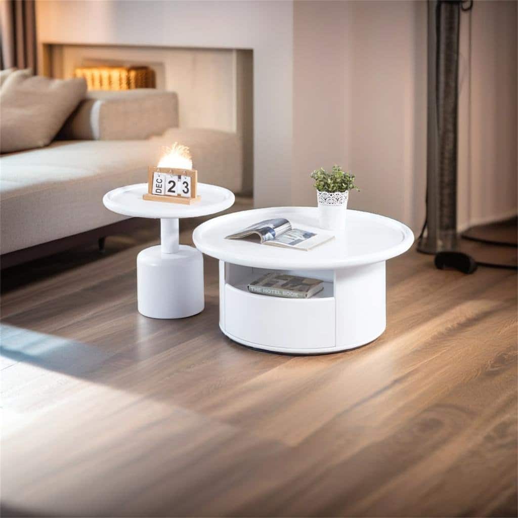 2 Pieces White MDF Round Coffee Table Set