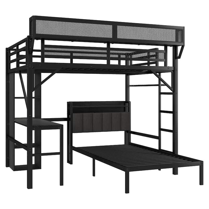 Full over Twin Metal Bunk Bed with Desk and Bookshelves, Detachable Metal Bunk Bed with LED and Charge Station Platform Bed