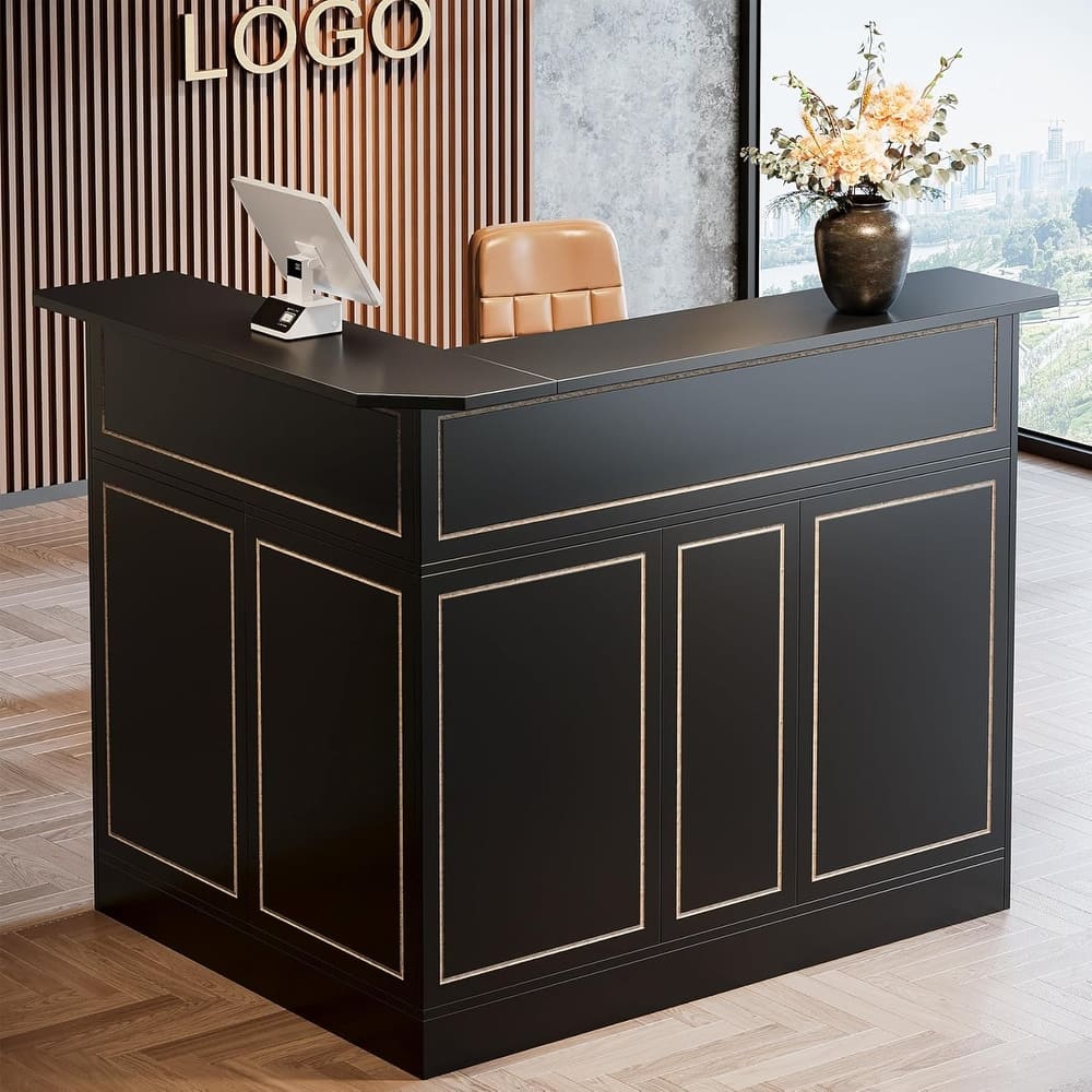 Reception Desk with Storage Shelves, L-Shaped Modern Front Desk