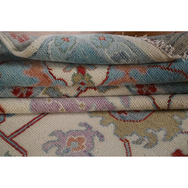 Floral Ivory Oushak Oriental Area Rug Hand-Knotted Wool Carpet - 9'1"x 12'0"