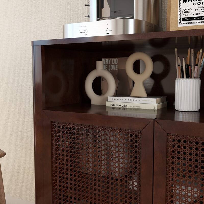 Mid Century Modern 63" Wide 4 - Cane Rattan Door Storage Sideboard with Open Shelf, Wine Bar Credenza for Living Room Entryway