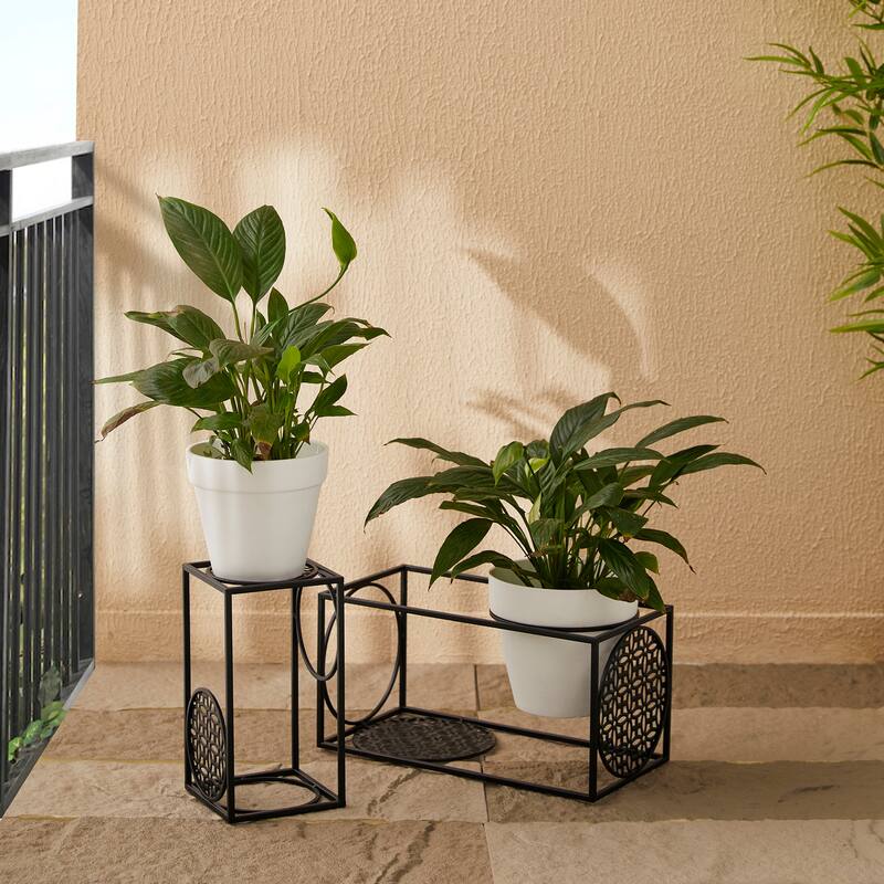 Glitzhome Set of 2 Black Metal Wire Rectangular Nesting Planter Stand Side Table