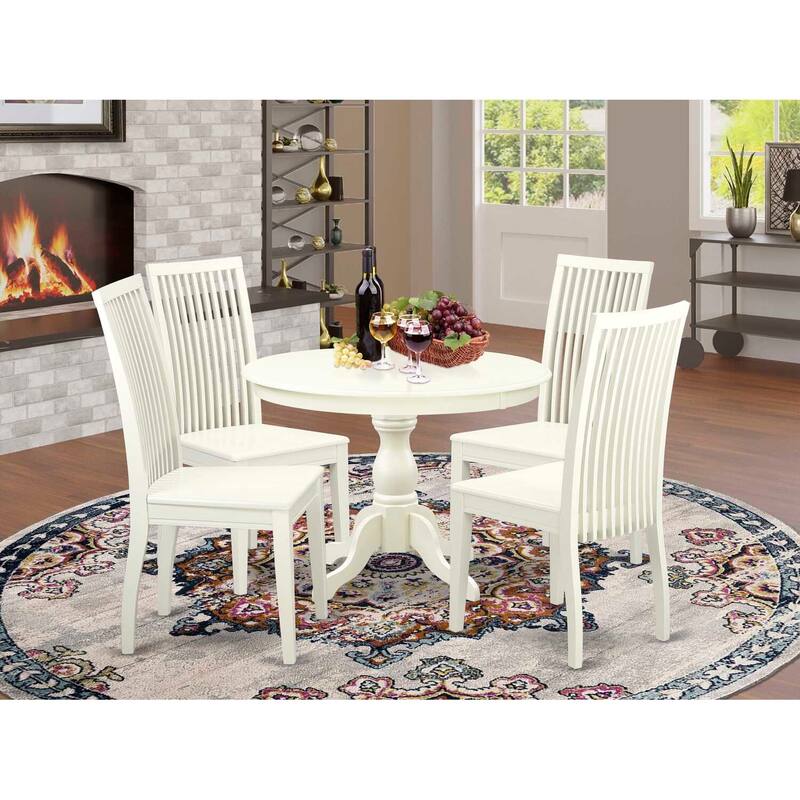HomeStock 5-Piece Linen White Finish Solid Wood Top Dining table with 4 Chairs with Slat Back