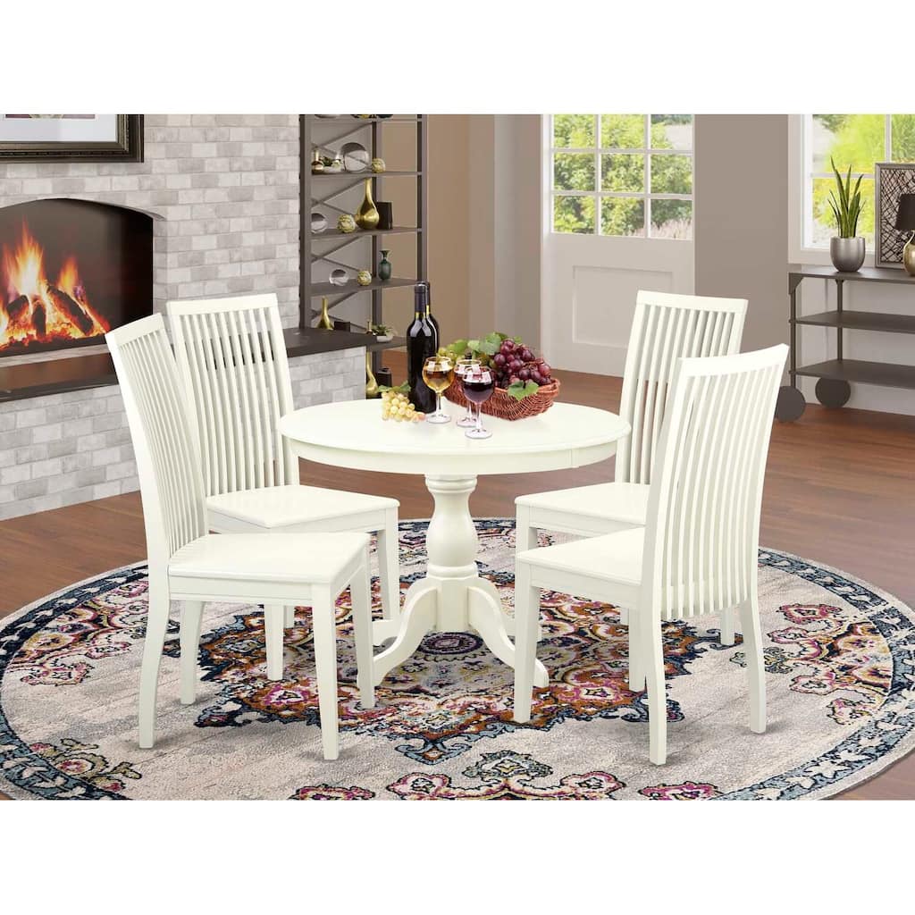 HomeStock 5-Piece Linen White Finish Solid Wood Top Dining table with 4 Chairs with Slat Back