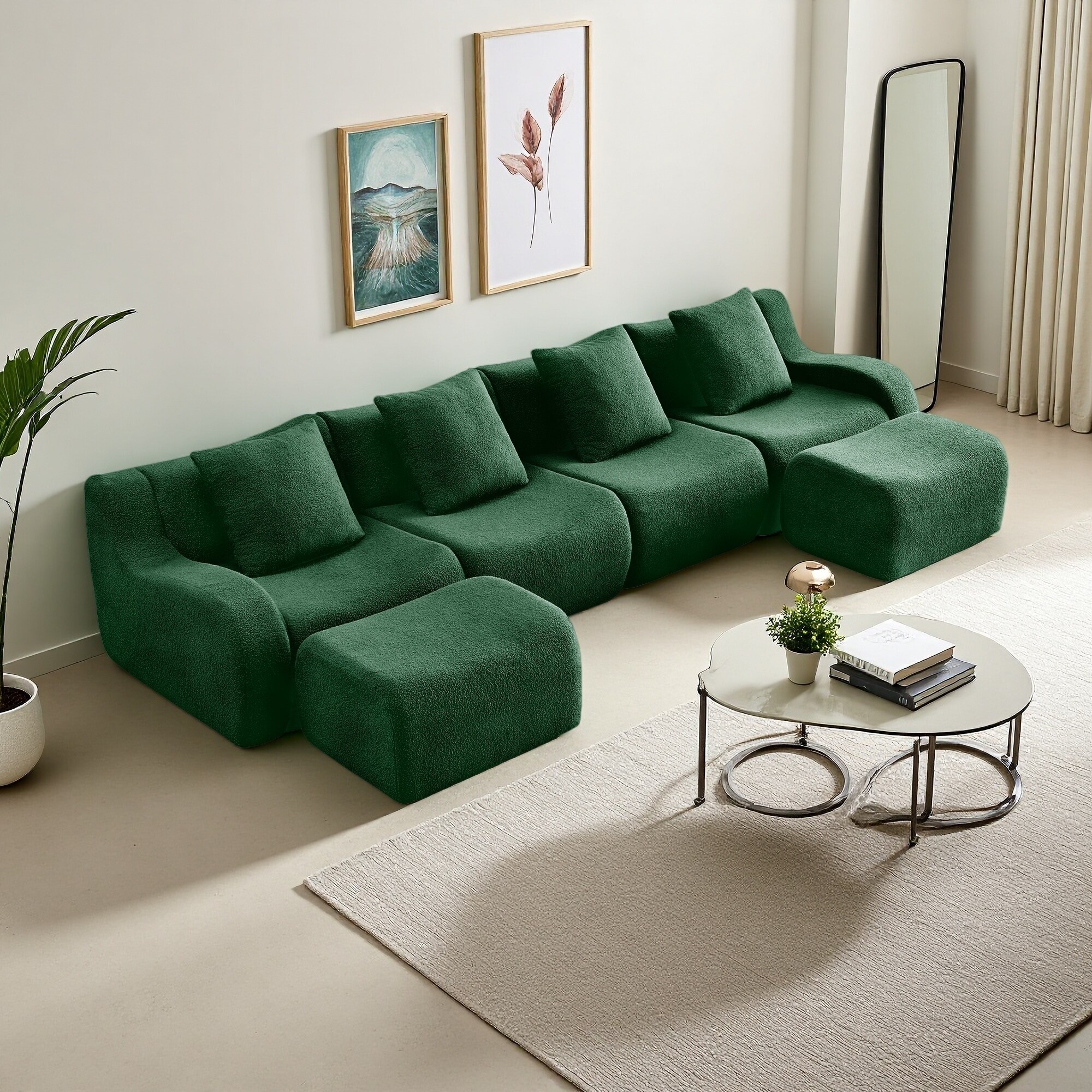 148" U-Shaped Teddy Fabric Modular Sectional Sofa with No Assembly Required, Anti-Slip Design and 32D High-Density Sponge