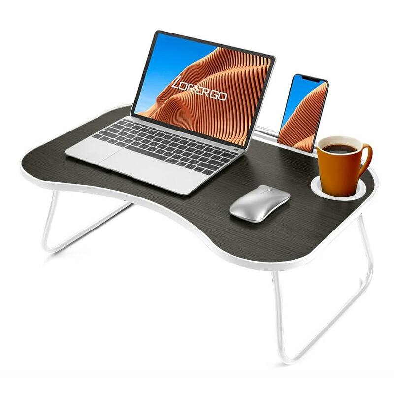 Wood and Metal Design Foldable Laptop Desk with Cup Groove - Black+White
