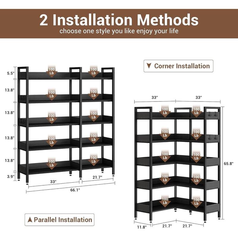 5-Tier Corner Convertible Bookshelf, Industrial Bookcase for Living Room, Bedroom