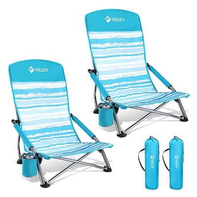Low Beach Chairs for Adults 2 Pack, High Back Folding Beach Chairs, Lightweight and Portable for Outdoor, Beach, Camping