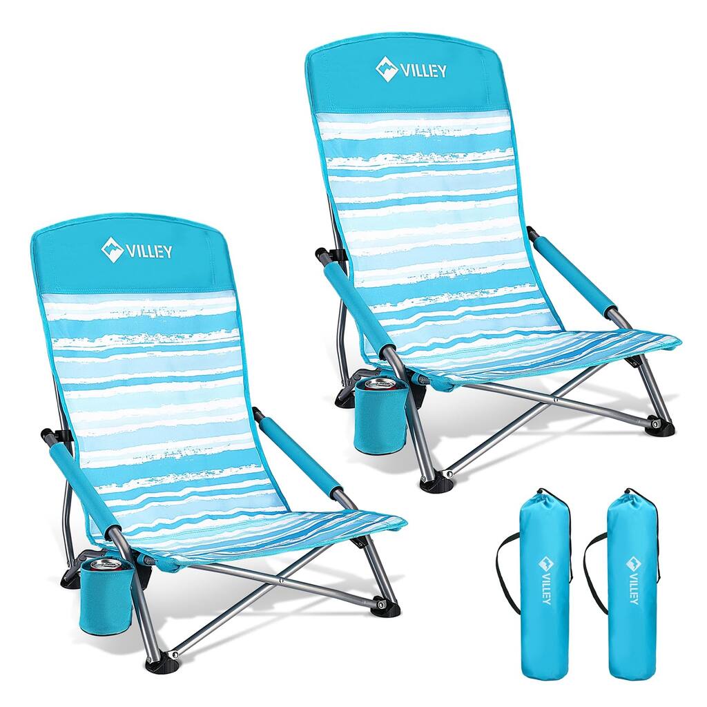 Low Beach Chairs for Adults 2 Pack, High Back Folding Beach Chairs, Lightweight and Portable for Outdoor, Beach, Camping