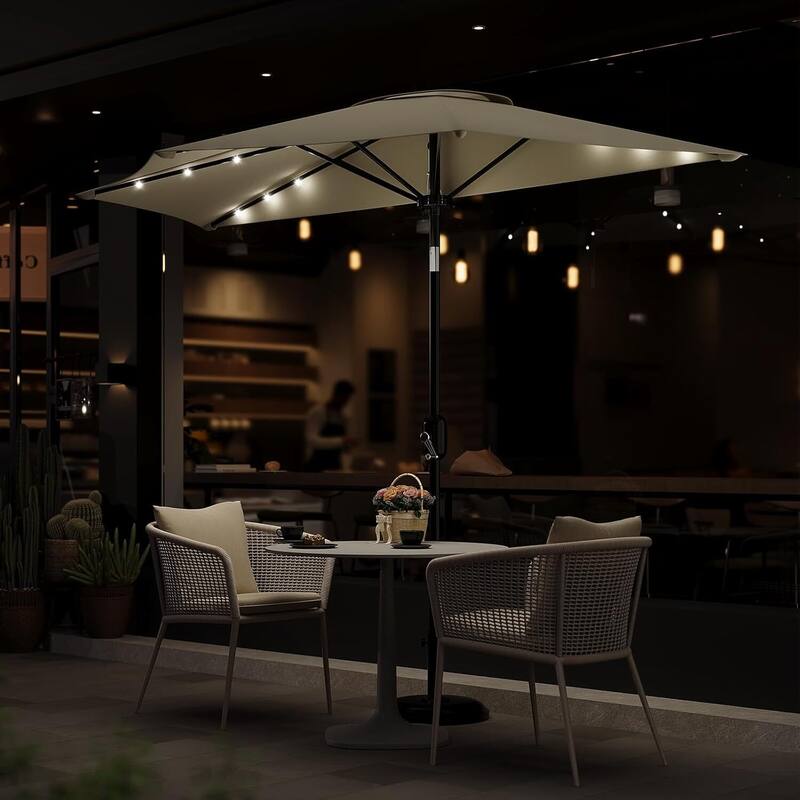9FT Half Patio Umbrella with Smooth Crank Lift, Shade Canopy for Patio, Backyard, Garden with LED Lights (No Base)