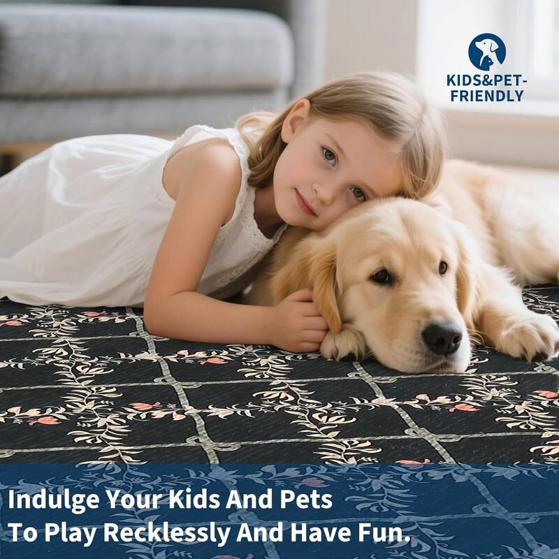 Floral Neutral Washable Hallway Low Pile Area Rug for Bedroom, Living Room, Black - 2' x 3'