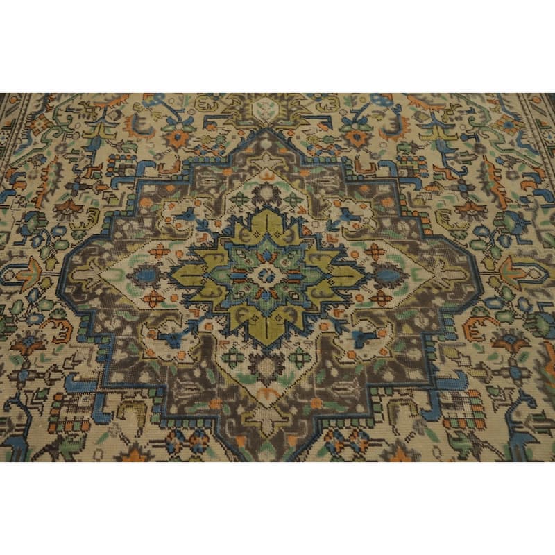 Hand Knotted Oriental 100% Wool Carpet Traditional Floral Beige & Ivories Tabriz Area Rug - 9' 3'' X 6' 1''