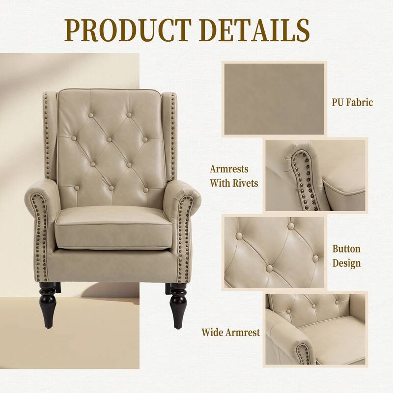 PU Leather Upholstered Accent Chair, Button Tufted Wingback Armchair, Leisure Reading Chair with Solid Wood Legs