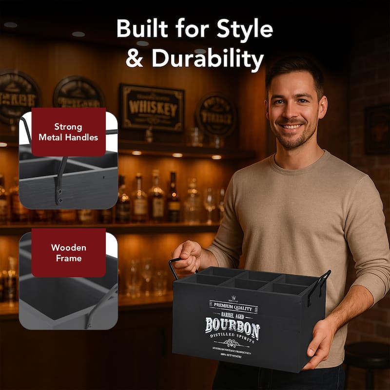 American Art Decor The Bourbon Bar Wood Crate Bottle Holder with Metal Handles - 7" H x 14" L x 8" D