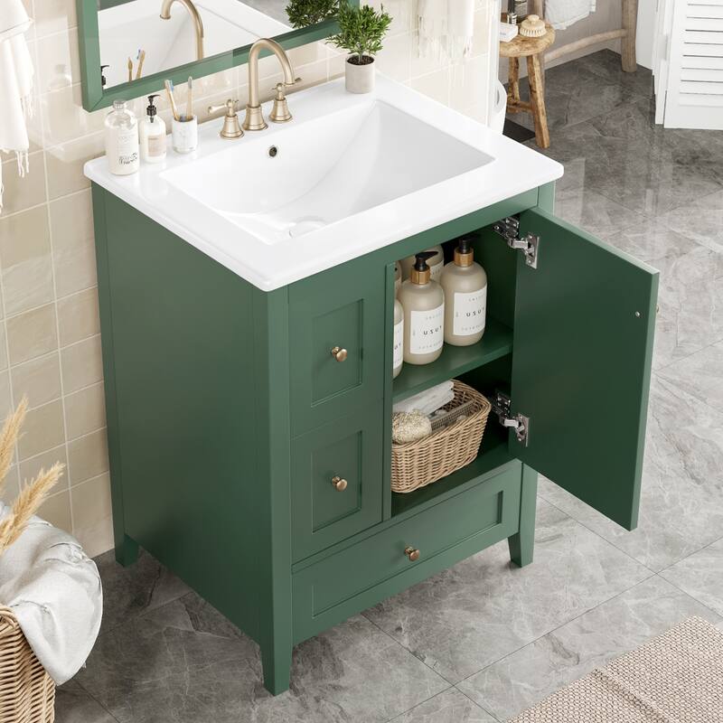 Roomfitters 24" Bathroom Vanity with Sink, Solid Wood Legs, 3 Drawers with Removable Dividers & Adjustable Shelf - Dark Green