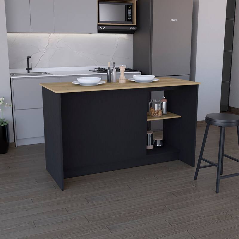 Kitchen Island with Large Countertop, Open Storage Shelves and Double Door Cabinet