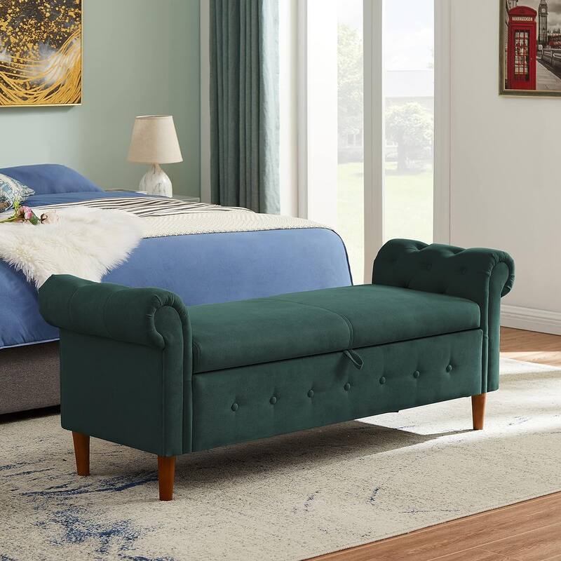 Multipurpose Rectangular Linen Sofa Stool with Large Space Saving Storage, 4 Rubber Wood Feet - 63 x 22.1 x 24.1 inch