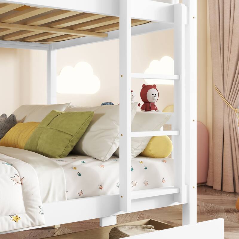 Full Over Full Rubber Wood Bunk Bed with 2 Drawers, full Size Bunk Bed with Ladder and Safety Guardrails