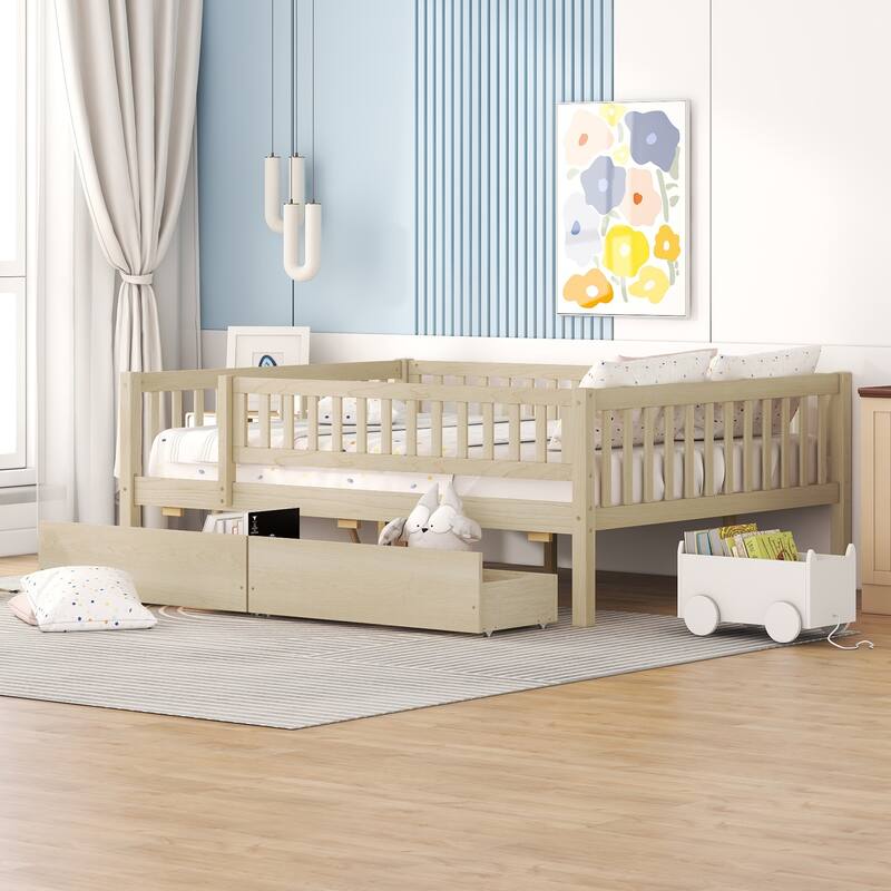 Full Daybed Frame with Storage Drawers, Solid Wood Sofa Bed for Bedroom or Living Room - Natural