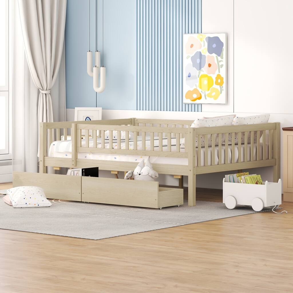 Natural Full Size Modern Style Pine Wood Daybed with Two Storage Drawers for Bedroom or Livingroom