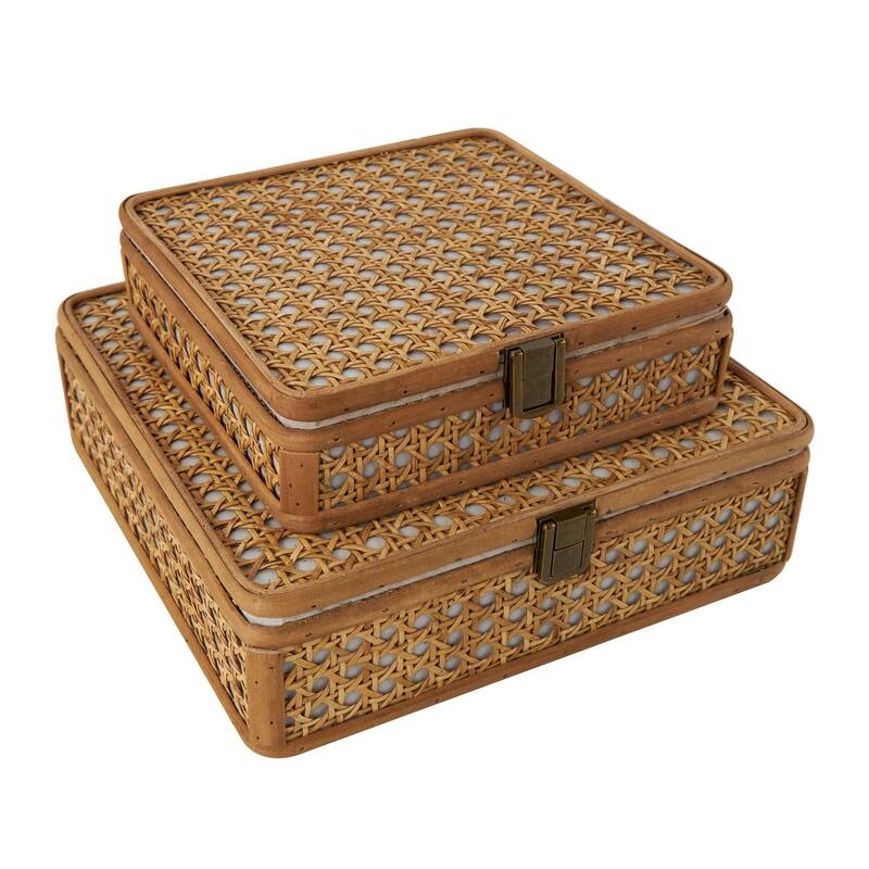 Brown Rattan Handmade Woven Rattan Decorative Box with Bronze Latches (Set of 2)