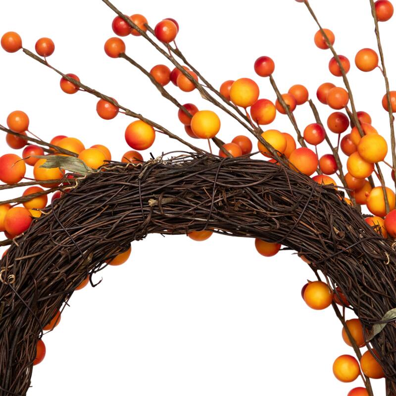 14" Orange Red Berry Artifical Fall Harvest Twig Wreath, 14", Unlit